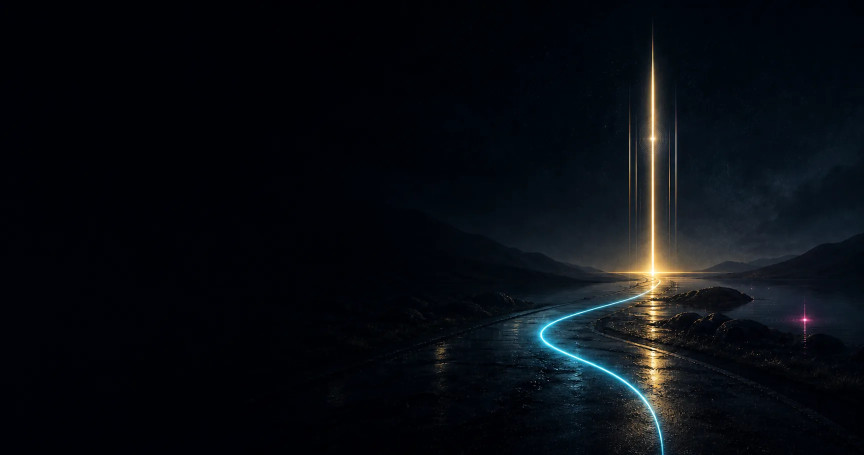 A cyan road filament meets a warm gold beacon in the night.