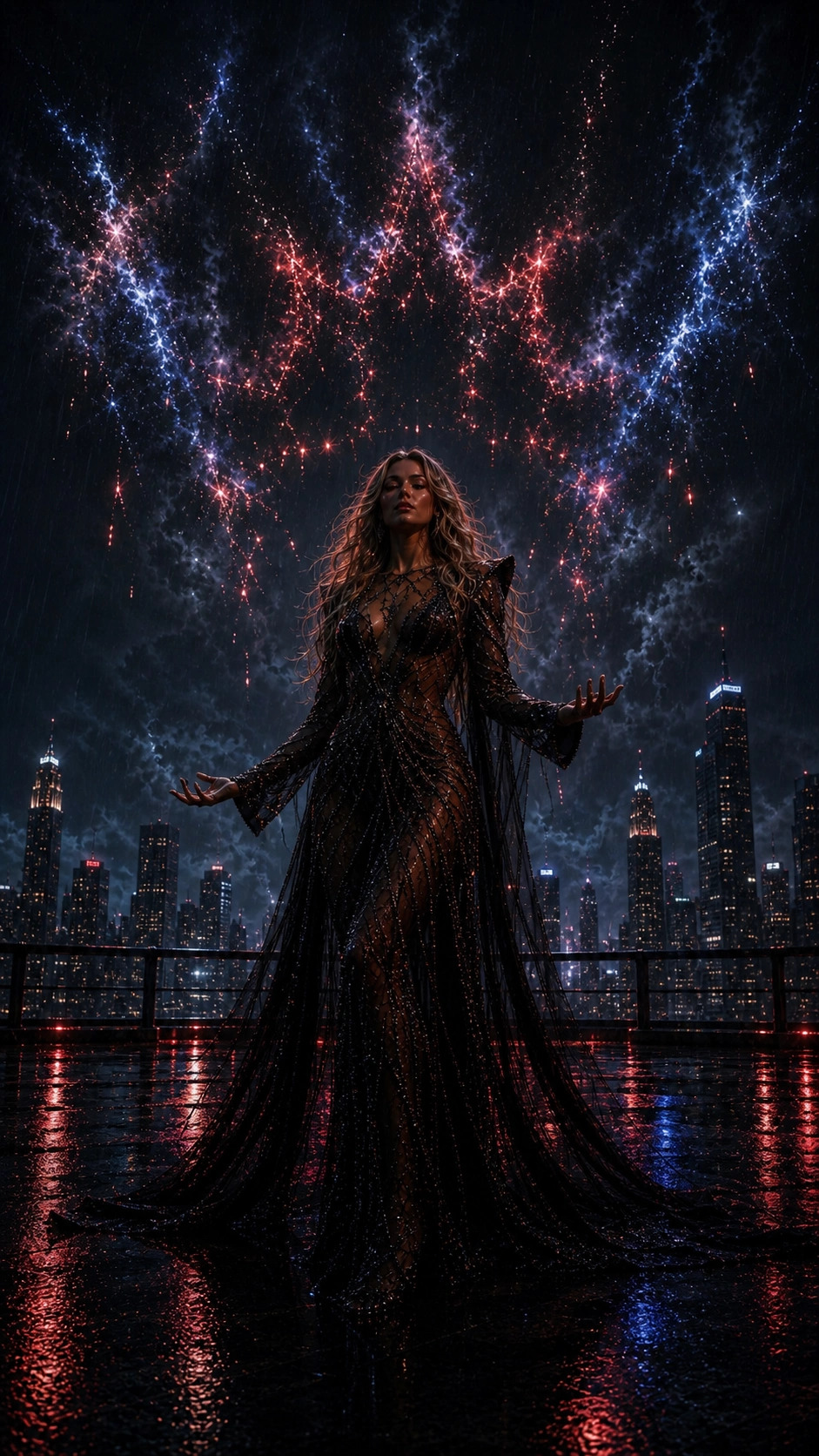 A crown of red, blue, and white sparks spreads above Evara, whose black beaded gown trails across the reflective rooftop.