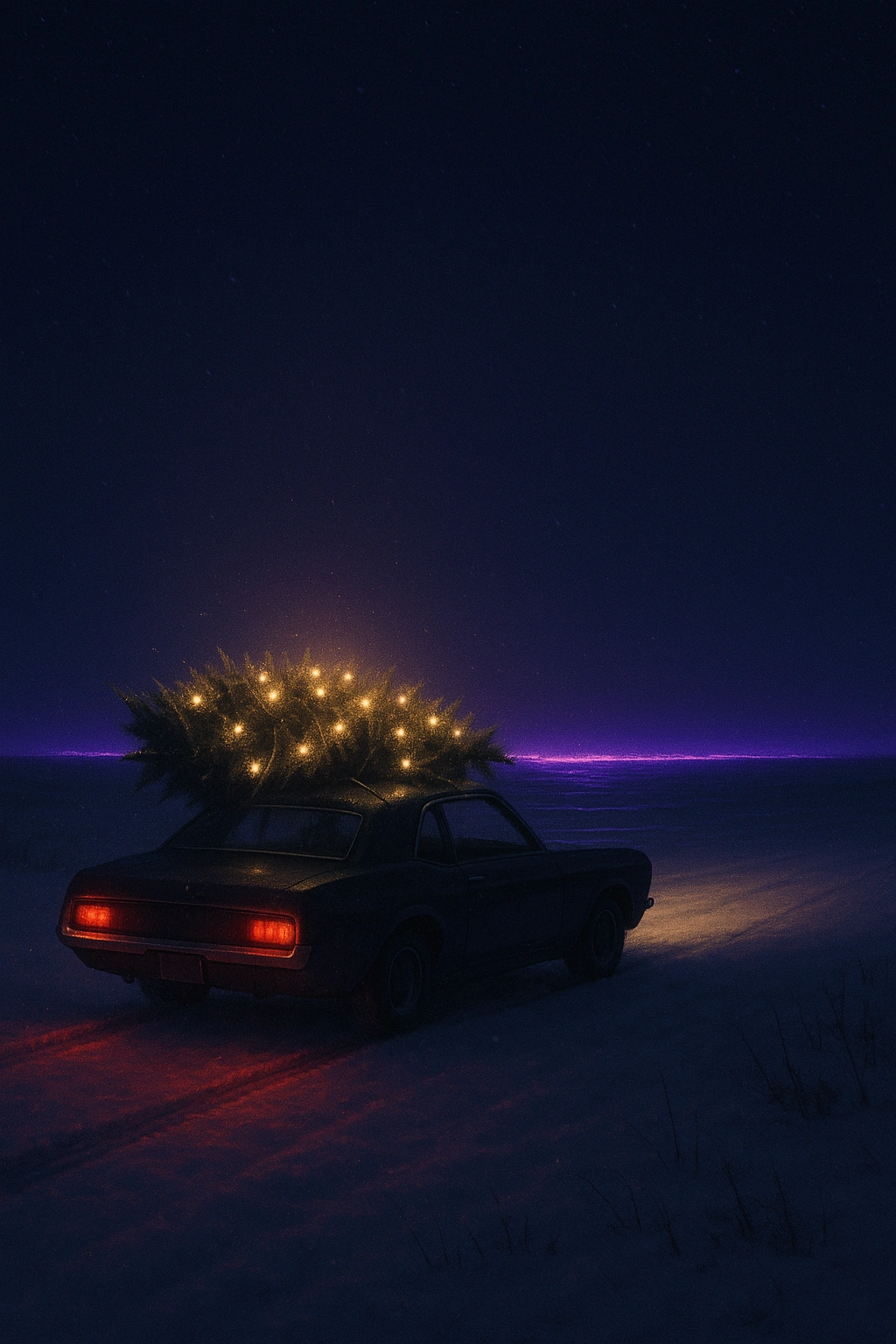 A dark car carries a lit Christmas tree across a snowy night landscape beneath a violet horizon.