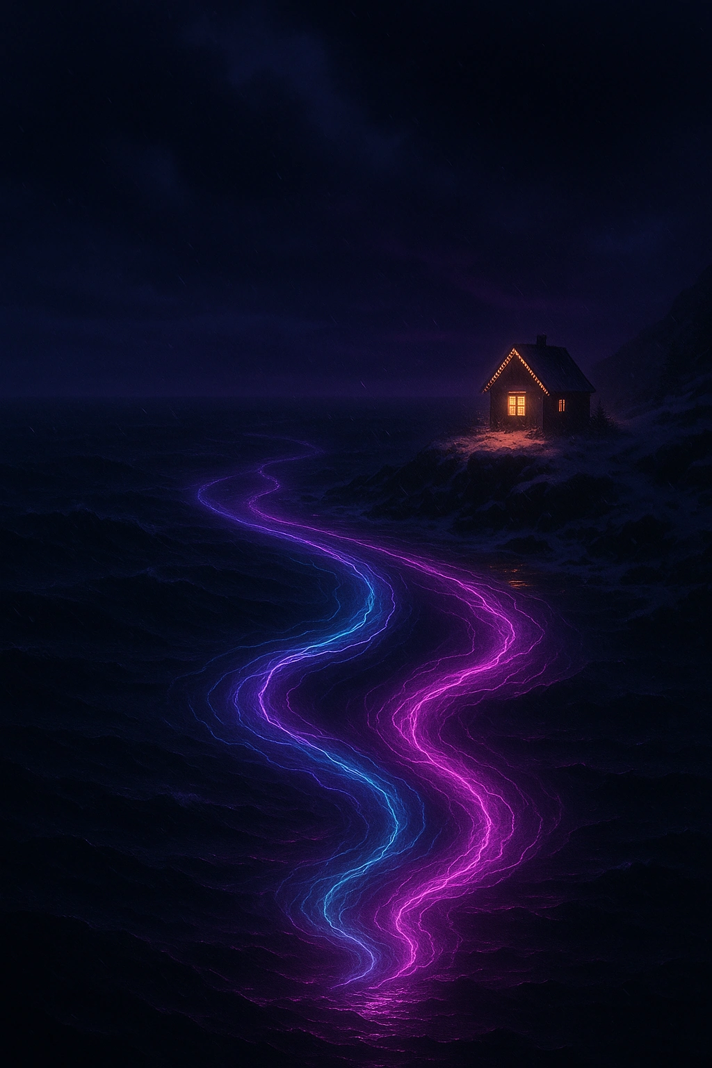 A small illuminated house sits beyond cyan and violet currents winding across dark water.