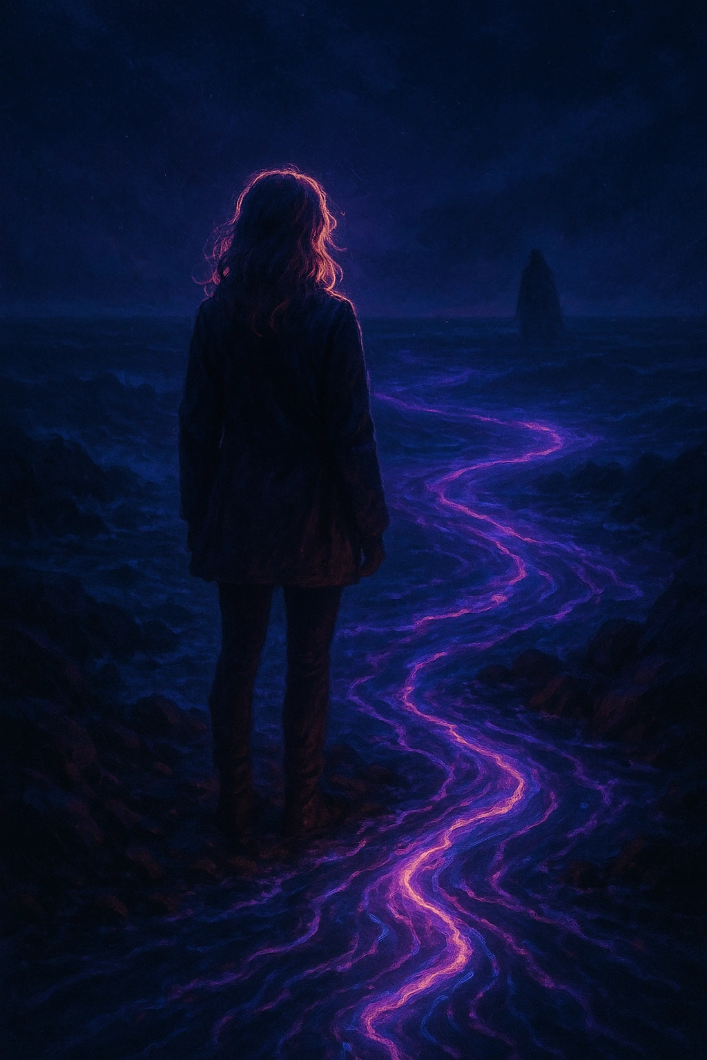 A woman looks toward a distant hooded figure across dark water, with a violet current glowing between them.
