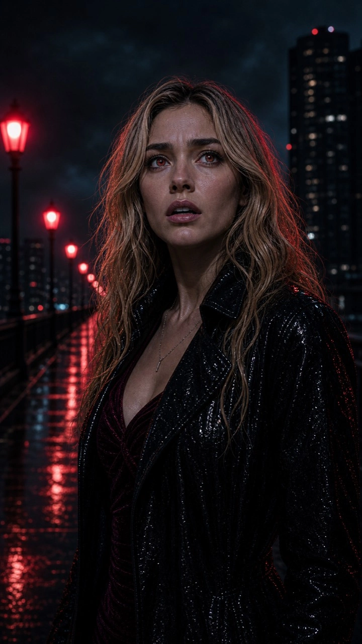 Evara looks back through the rain, with wet hair and a black coat beside a line of glowing red lamps.