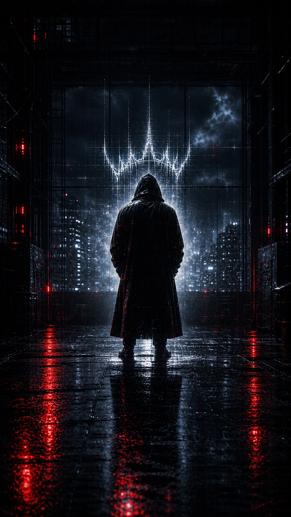 A hooded figure stands beneath a brilliant white crown of static, reflected across a black floor lit by red signals.