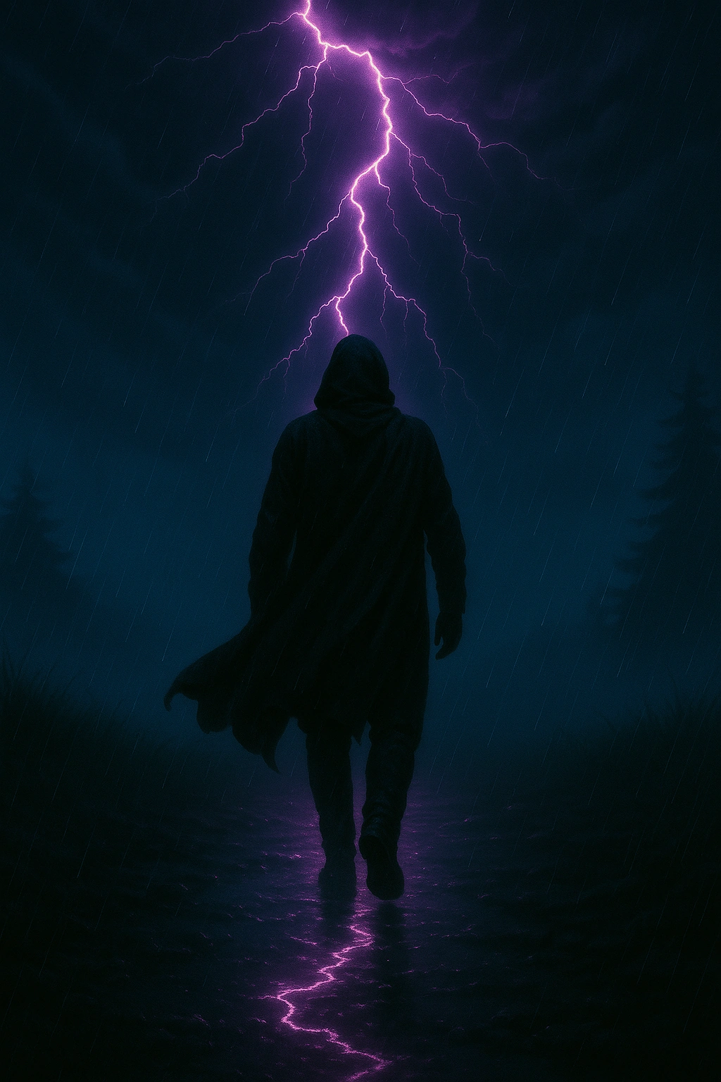 A hooded figure walks along a wet path toward a violet lightning strike beneath dark blue clouds.