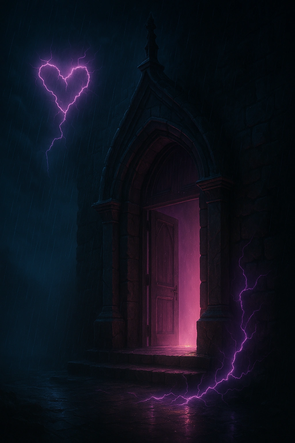 An open gothic doorway glows violet beneath a small lightning heart in a nearly black night.