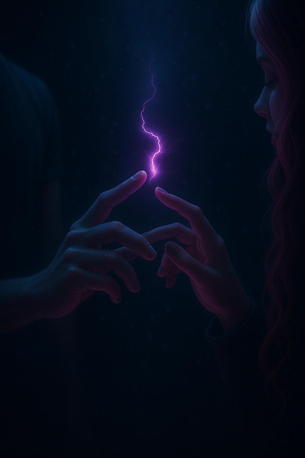 A bright violet spark links approaching fingertips beside a woman’s softly lit profile.