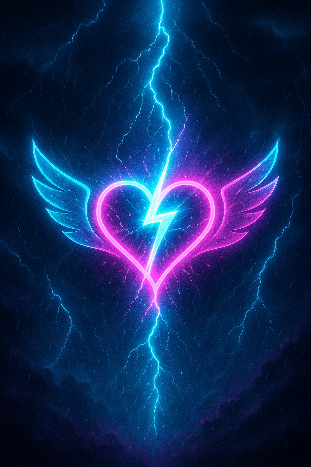 A cyan lightning bolt passes through a glowing pink heart with blue and pink wings in dark storm clouds.