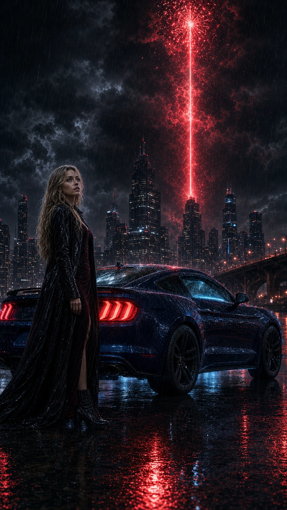 Evara stands beside a dark blue coupe as a towering red beam cuts through storm clouds above the city.