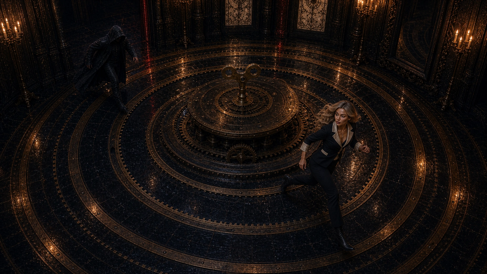 A woman moves across a vast circular clock mechanism in a candlelit room while a hooded figure waits behind her.