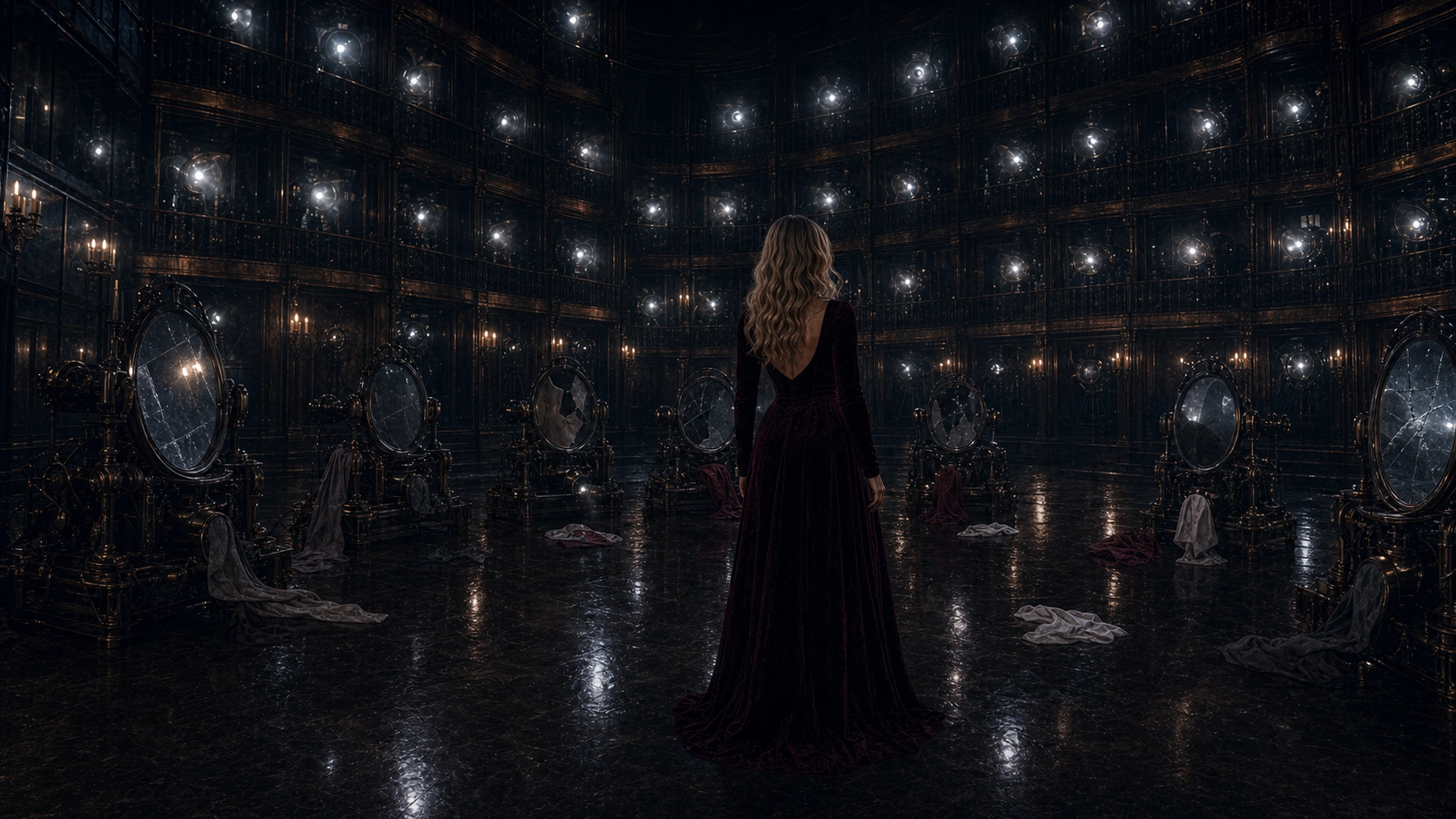 A woman stands in a dark circular theatre of mirrors and lights, surrounded by reflections.