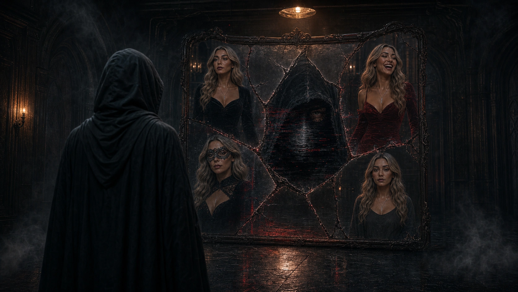 A hooded figure faces a fractured mirror showing several differently dressed versions of a woman.
