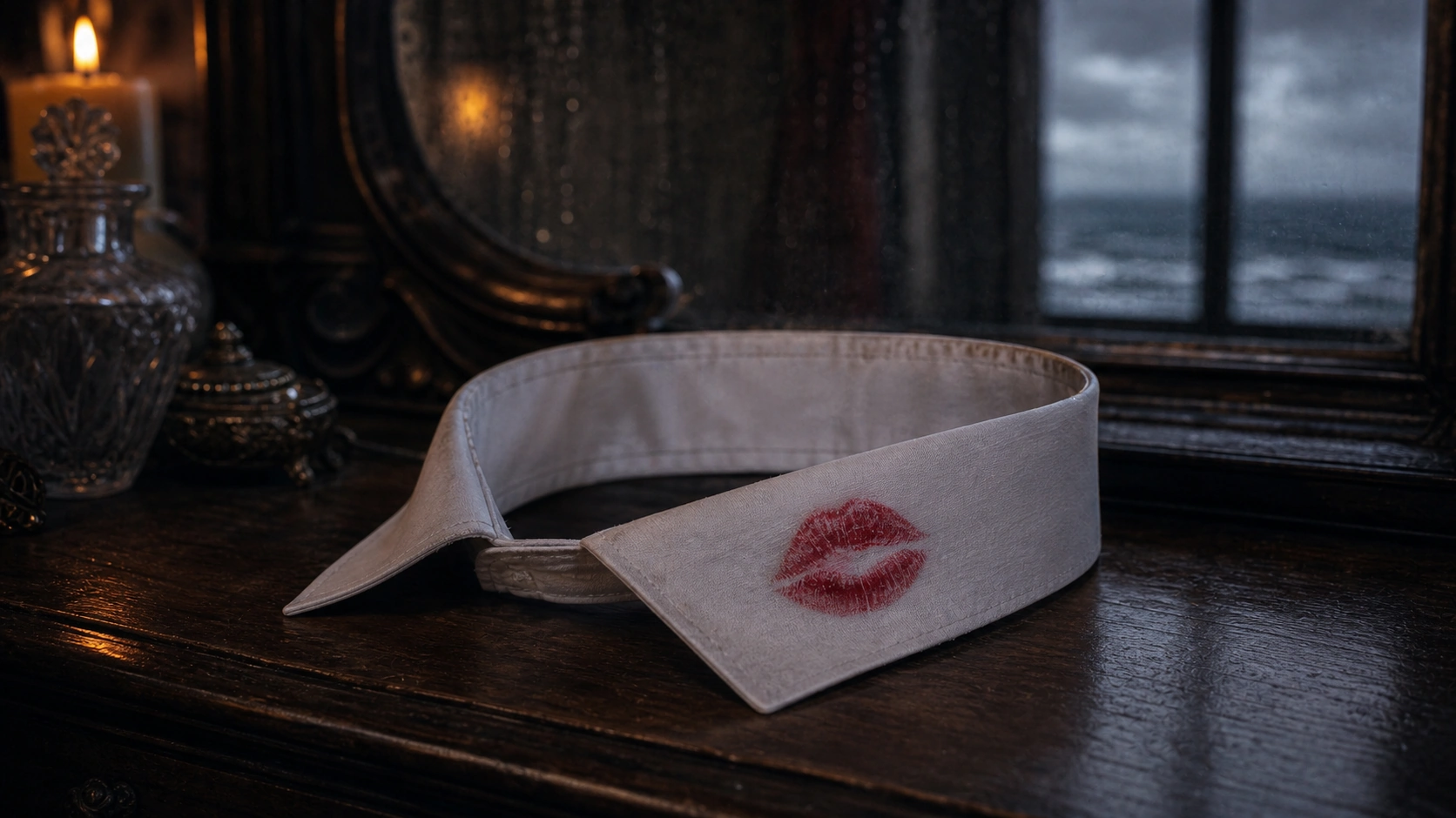A white collar bearing a red lipstick print rests on a dark table beside a mirror and candlelight.