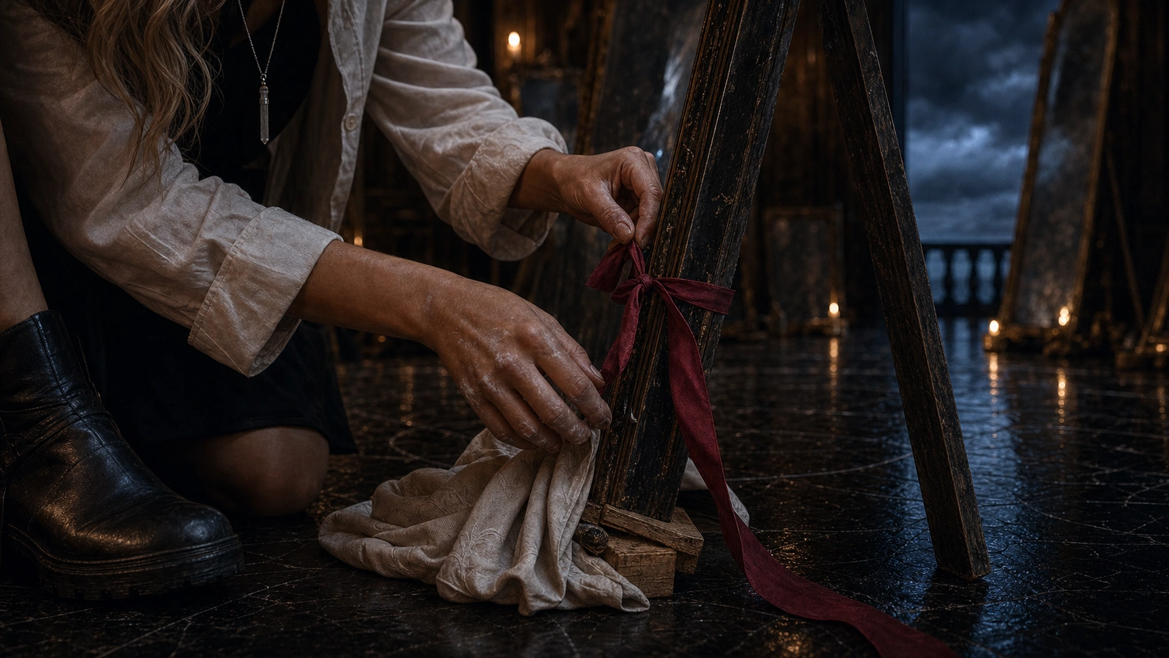A kneeling woman ties a red ribbon around a standing mirror, with pale fabric gathered on a dark floor.