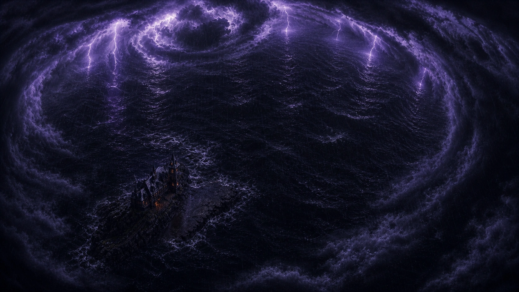 A dark island hostel sits beneath a spiral of violet lightning over a stormy sea.