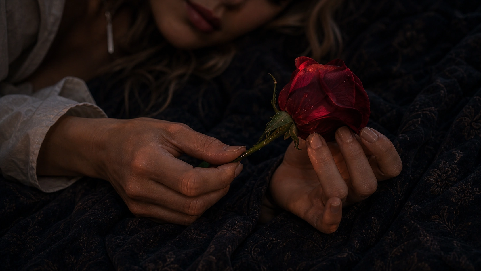 A woman holds a red rose close in both hands while lying on dark patterned bedding.