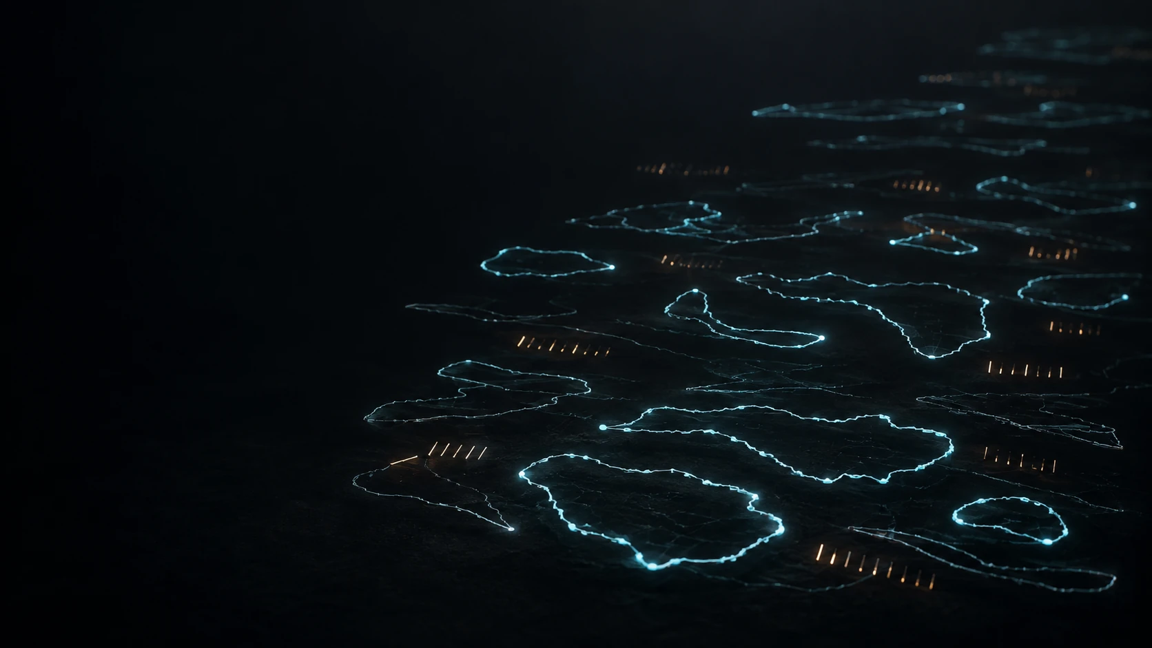 Cyan traces of movement emerge from a dark field, with small warm marks of strength.