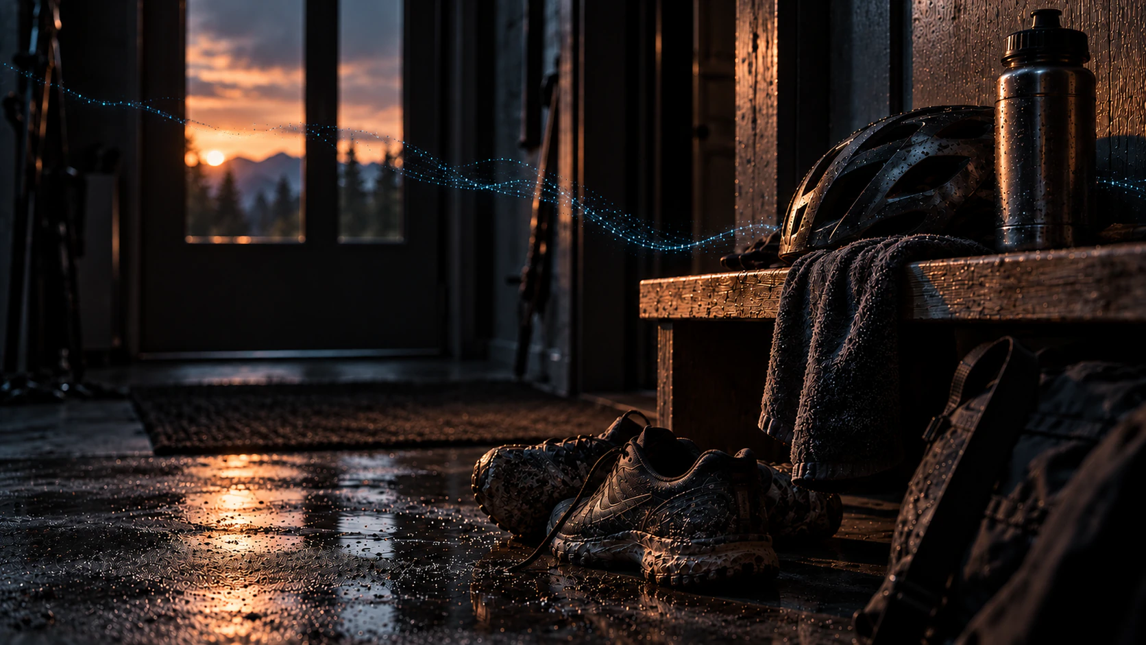 Muddy shoes, a cycling helmet, and a towel rest by a wet doorway after the movement is over.