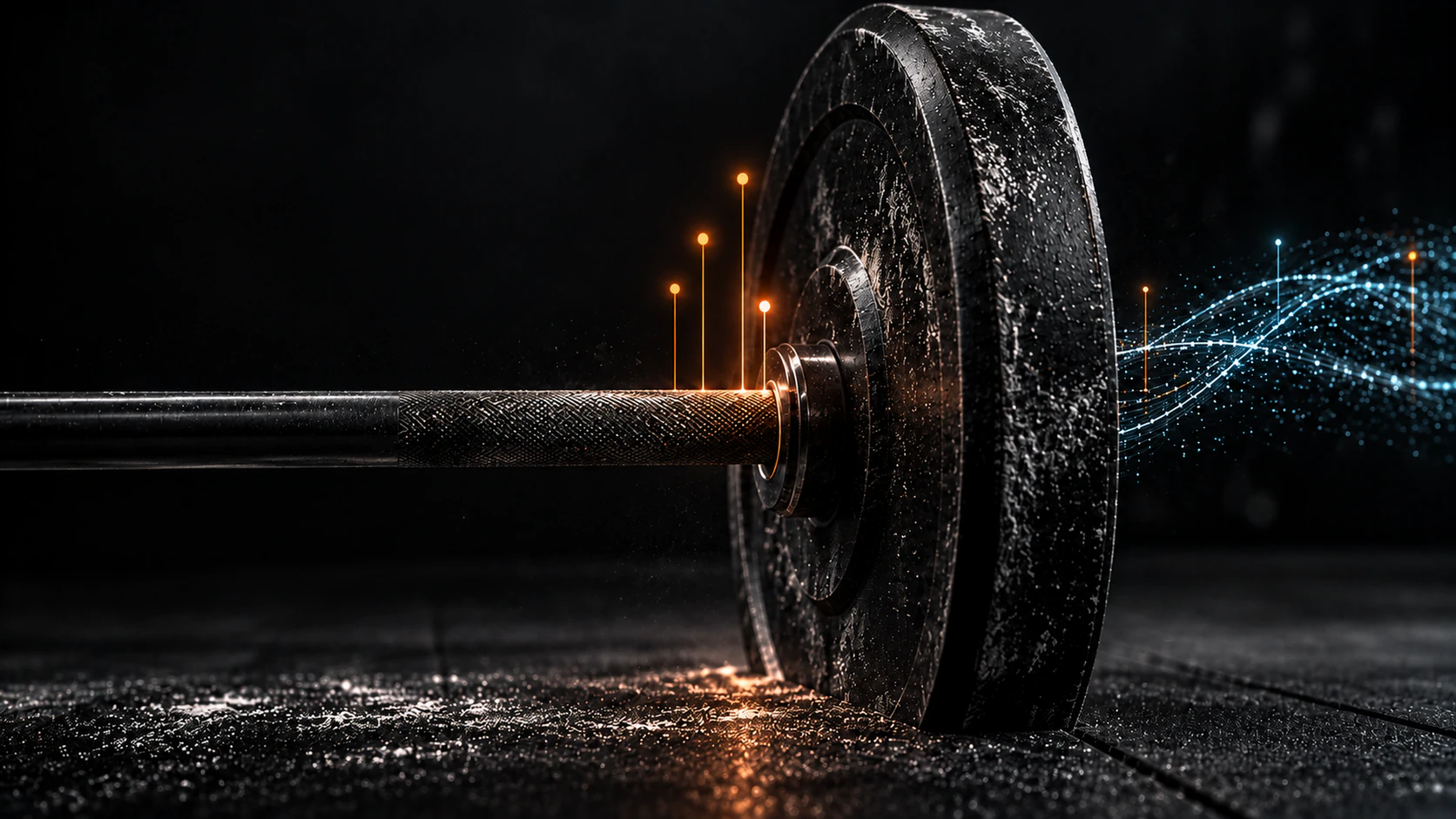 A worn barbell carries a few orange signals into the wider cyan movement trace.