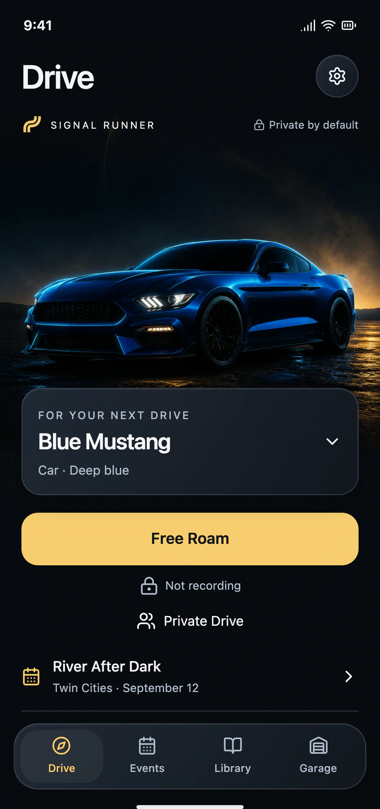 Nightline Drive design preview: a blue Mustang, private Free Roam, Private Drive, and Drive, Events, Library and Garage navigation.