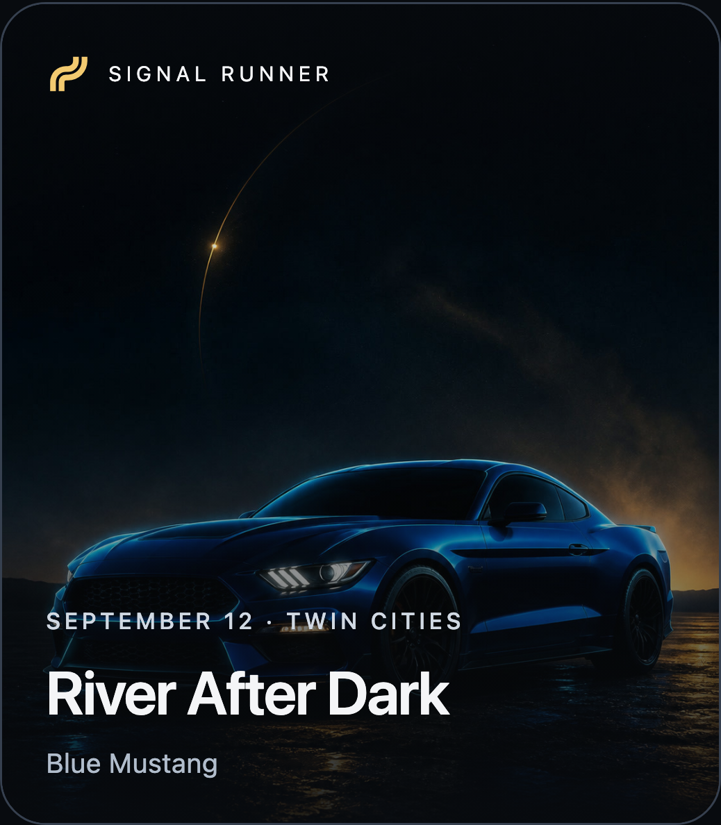 Example River After Dark event Proof, kept with a Blue Mustang portrait.