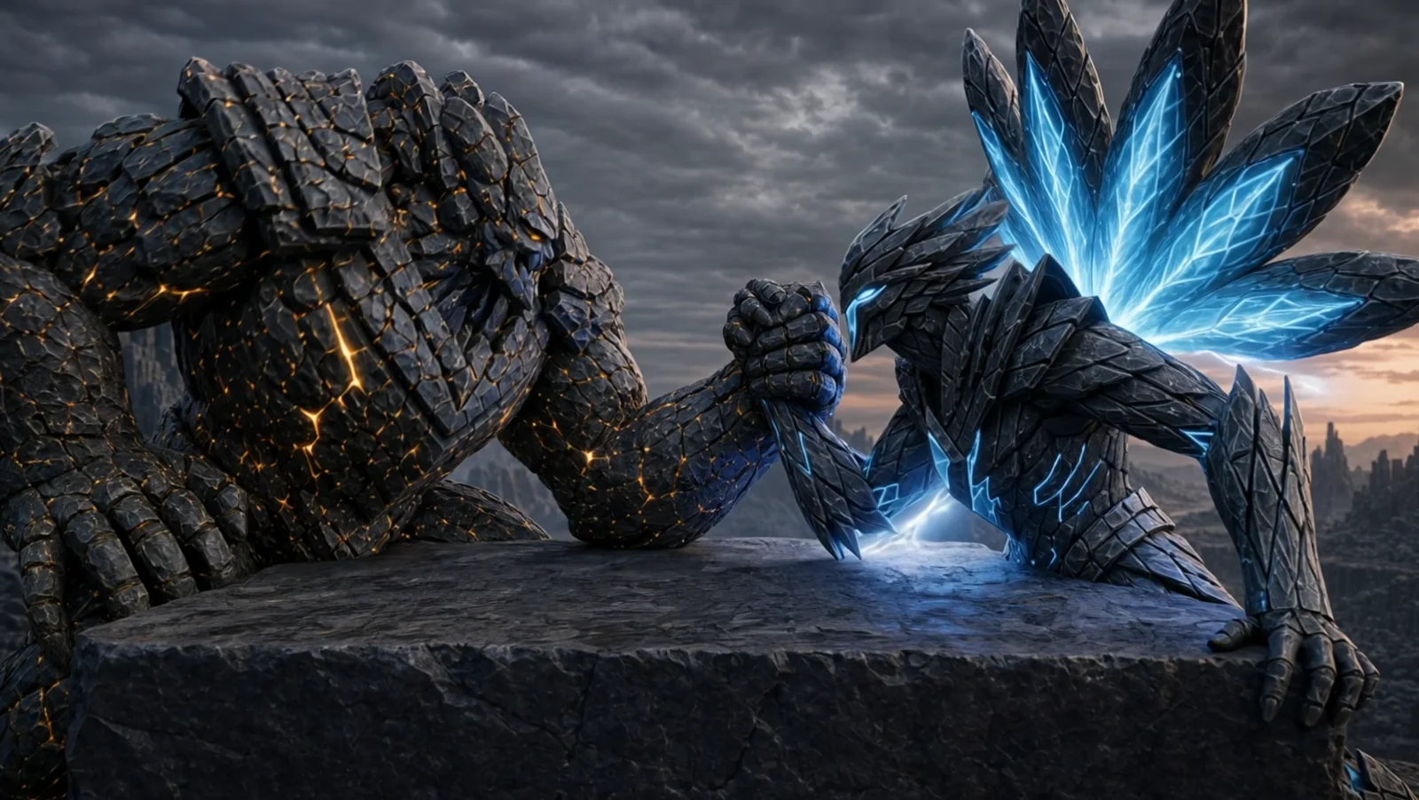 Rock and Storm arm wrestling at a stone table in a mountain valley.