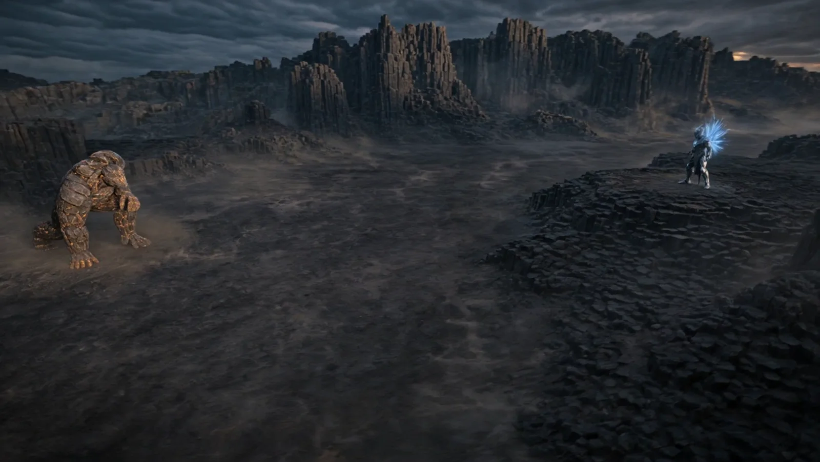 Rock and Storm facing one another in a basalt quarry.