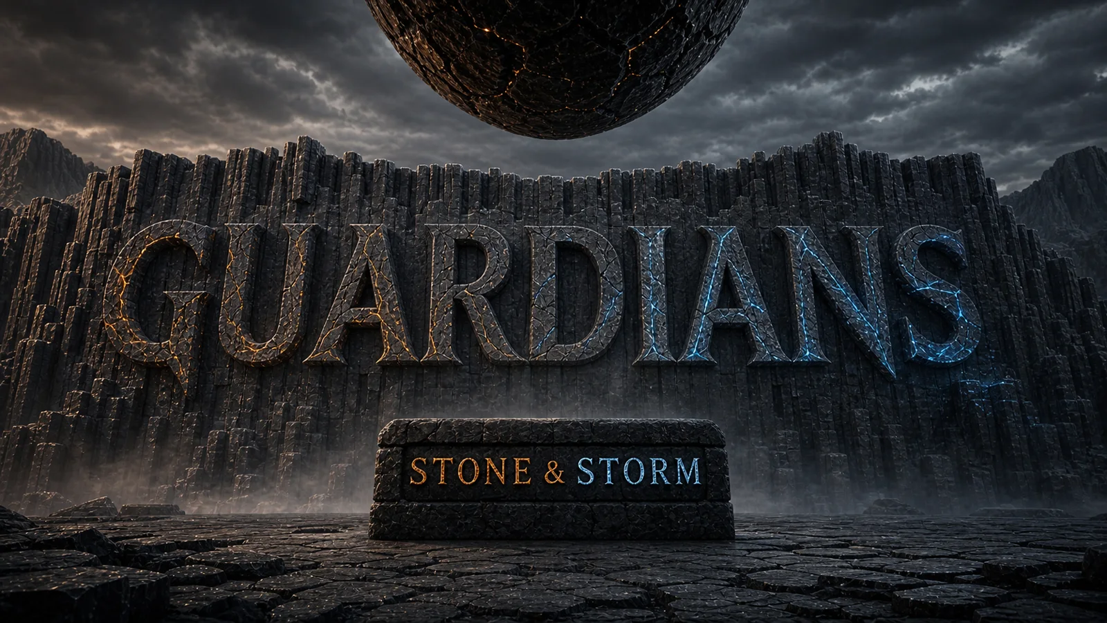 Guardians title artwork with Stone & Storm carved into a basalt landscape.