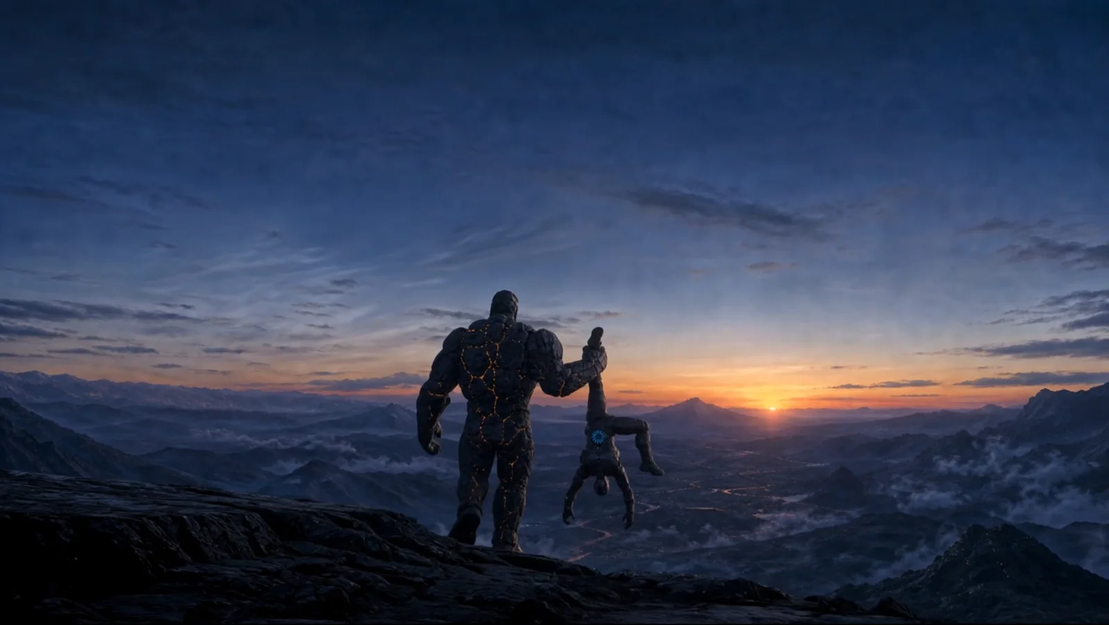 Rock carrying a sleeping Storm along a ridge at dawn.